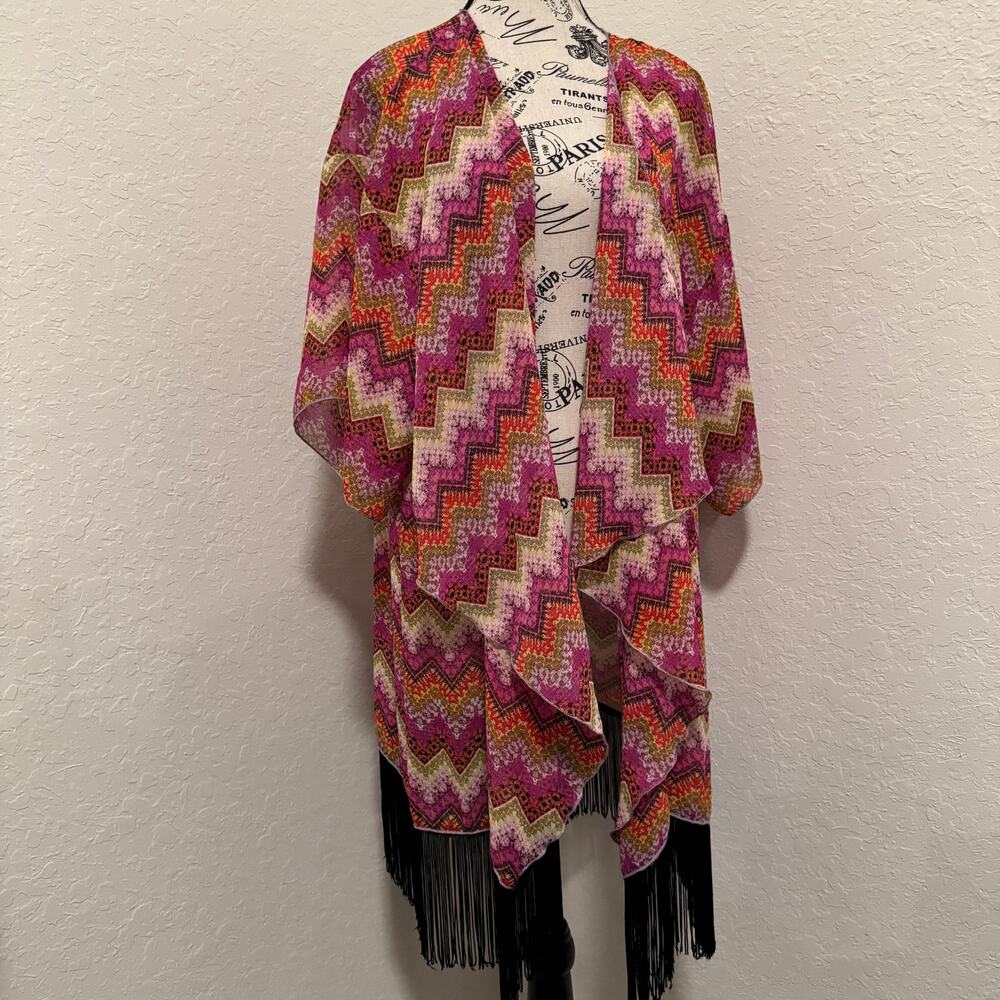 LulaRoe Vibrant Aztec Open Front Fringe Kimono Large Boho Chic Travel Fairy
